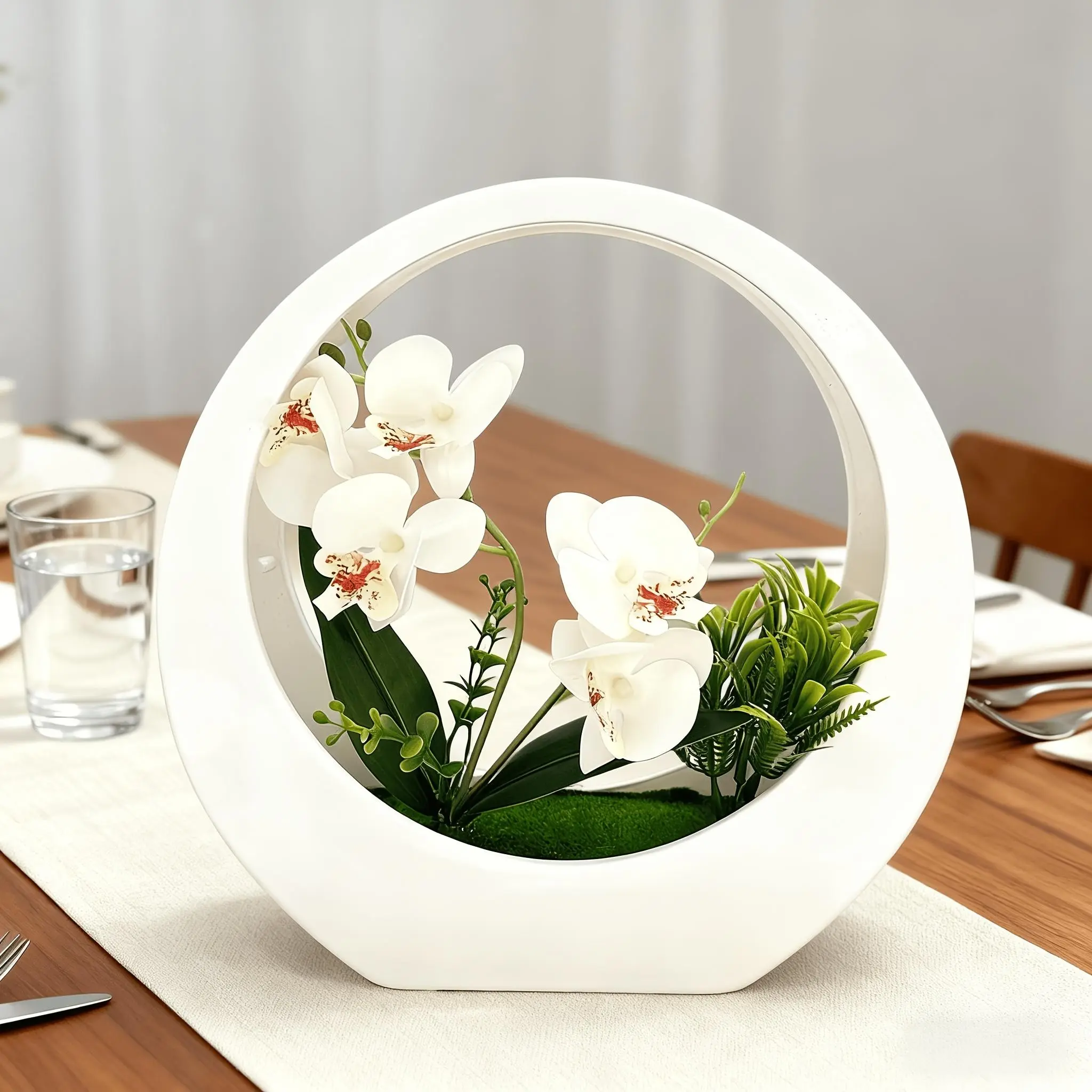 Artificial Orchid in Moon Planter, Lifelike Zero-Maintenance Centerpiece, Elegant Gift for Weddings, Home & Office Decor