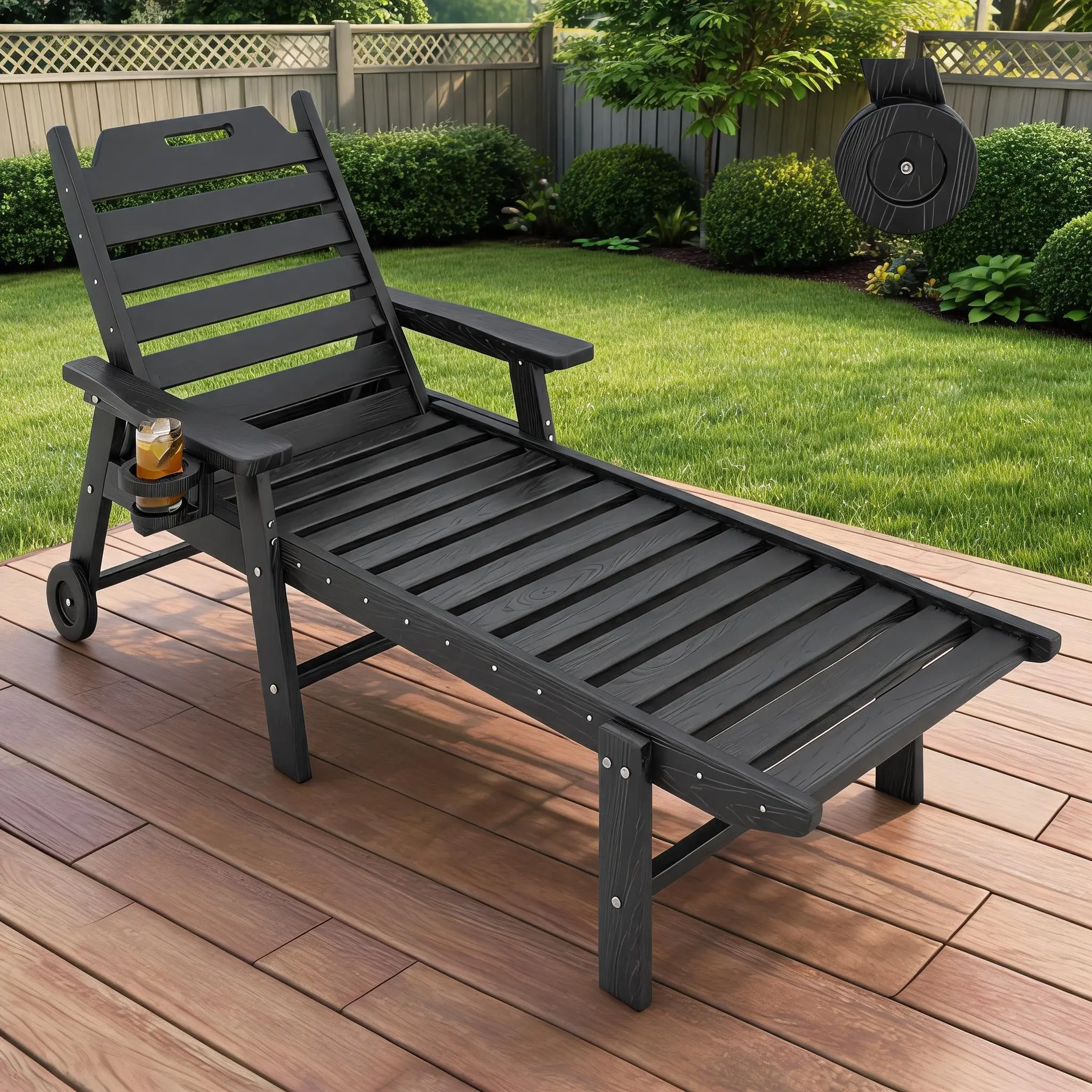 5-Position HDPE Outdoor Lounge Chair, Wood Texture Reclining Chaise with 450 lbs Capacity, Built-in Wheels & Cup Holder for Poolside & Patio