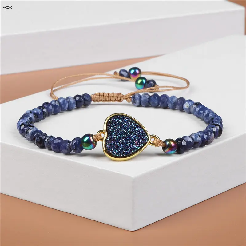 Adjustable Braided Beaded Bracelet for Women, Heart Oval Moon Rectangle Druzy Crystal Charm Bracelet, Natural Stone Bead Woven String Bracelet, Handmade Boho Stackable Jewelry with Multiple Style Options