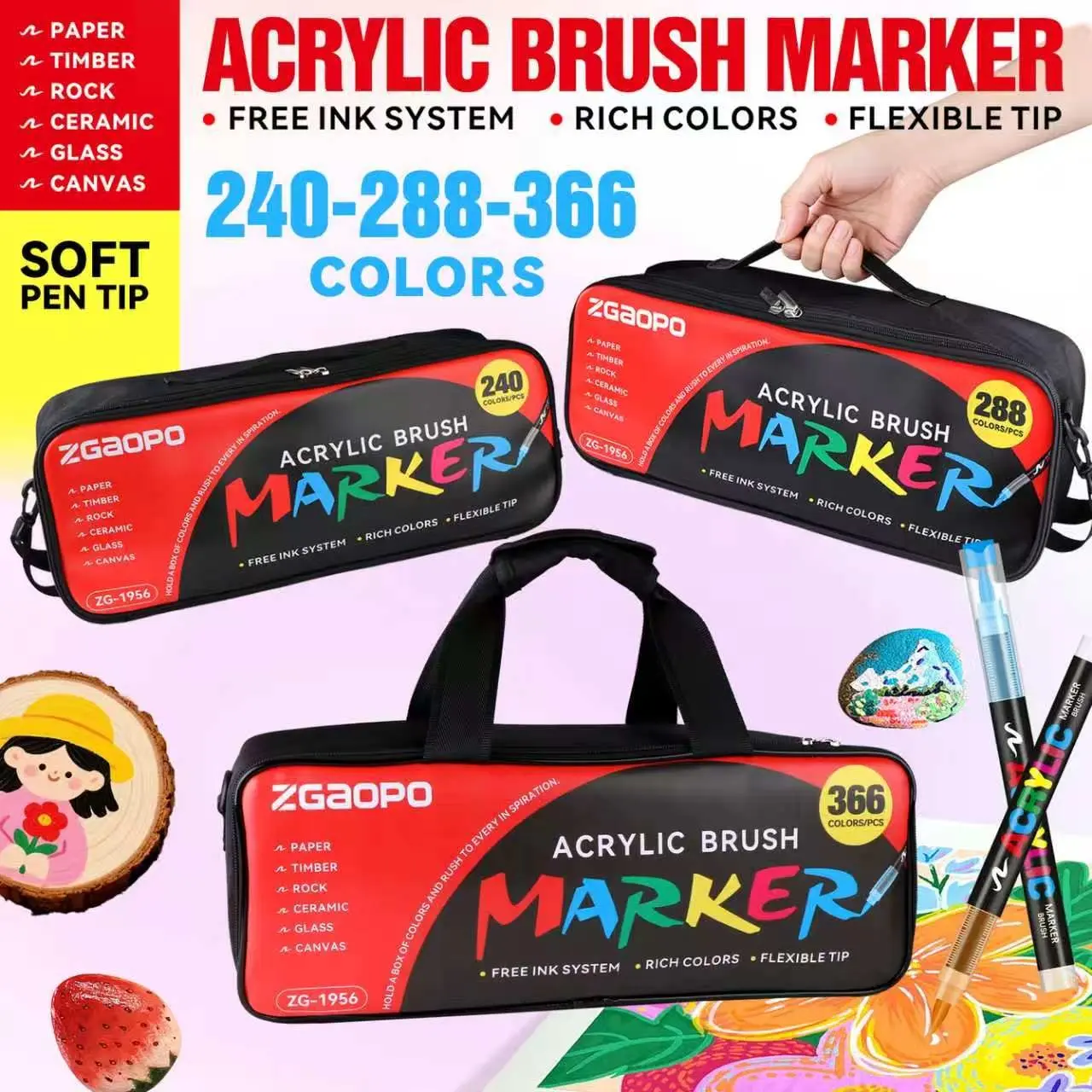 New Acrylic Marker Set 240/288/366 Colors, Waterproof Soft Tip, Crossbody Bag Packaging, Ideal for Art Painting & Craft Making, Soft Tip Markers
