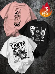 3-Pack Men's T-Shirts, Koi/angel/jester Print, American Street Style, Loose-Fit Round Neck Short Sleeve, Casual Daily Wear