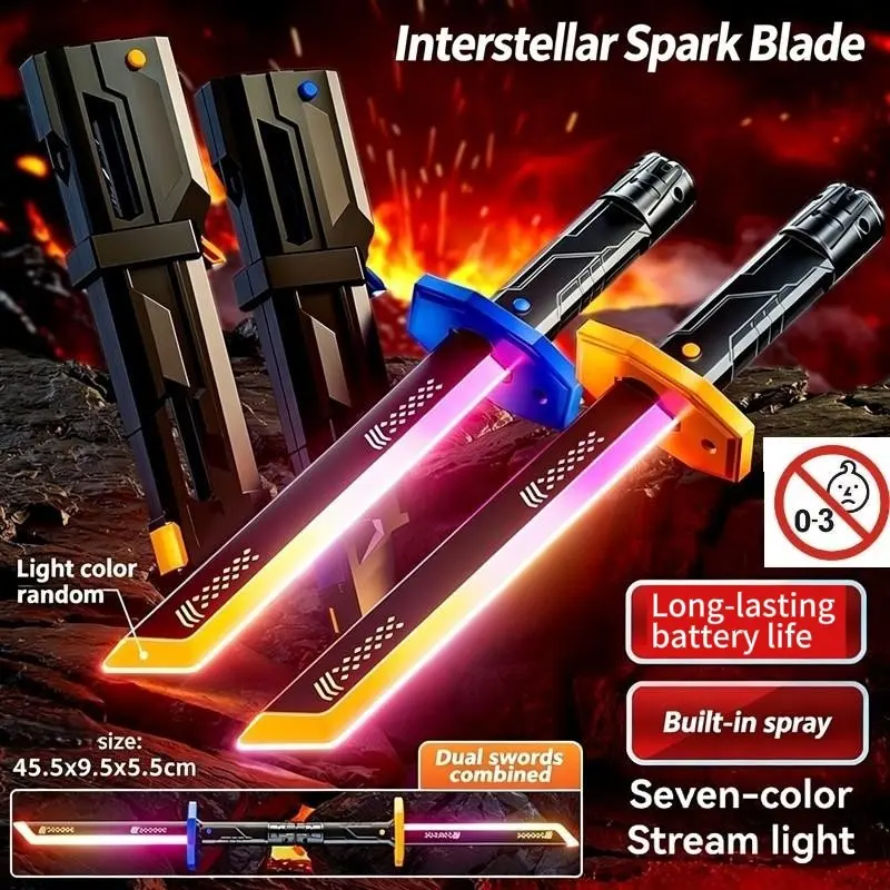 Spray Light Saber Sparkblade Samurai LED Firelight Saber Toy, Light Up Sword Saber, Cyberpunk Blade with Sound, Sparks, Smoke Effects, Seven Color Glow, USB-C Rechargeable