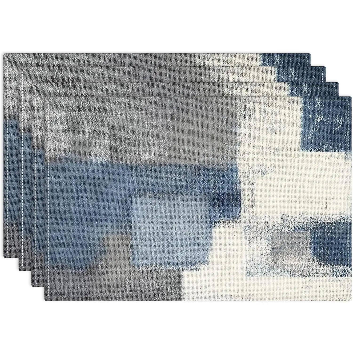 Farmhouse Linen Reusable Kitchen Decorative Placemats Set of 4, Vintage Blue-Grey Abstract Art 12x18 in Tableware for Party, Home Kitchen Dining Decor