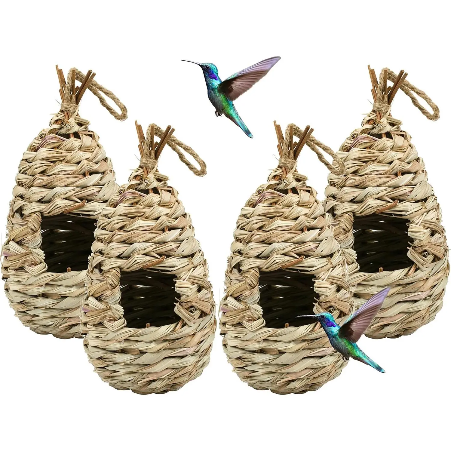 4 Pack Hand Woven Hummingbird House, 9 x 4 Inches Bird Hut and Hummingbird Houses Nest, Small  Bird & Chickadee House for Finch & Canary in Outdoor