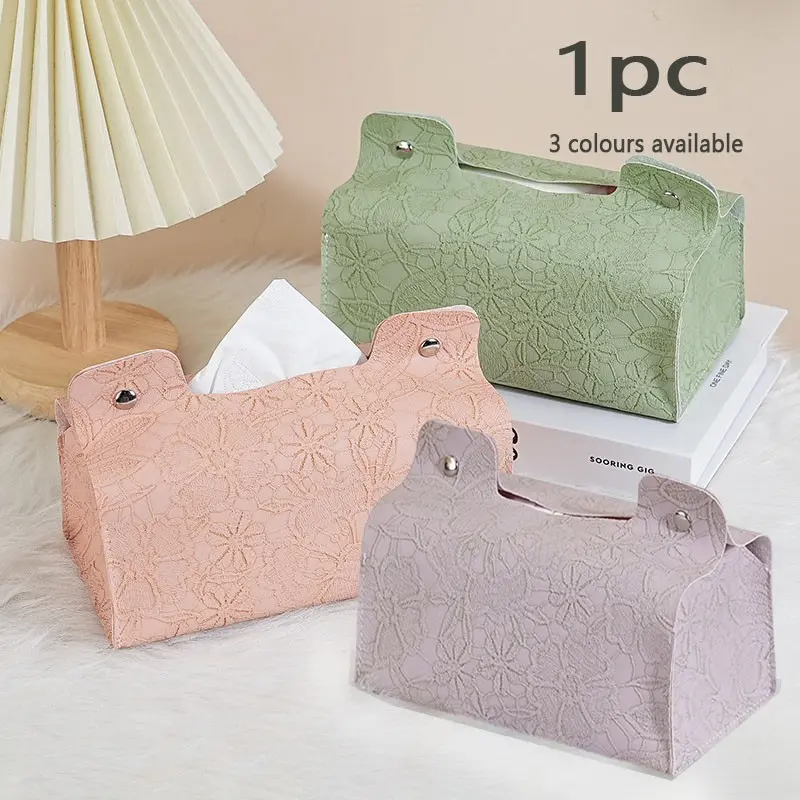 Pure Color Floral Texture Tissue Box, PU Leather Compact Size Desktop Standing Tissue Holder, Thick Composite Fabric, Office, Restaurant, Bedroom, Party, Car Use