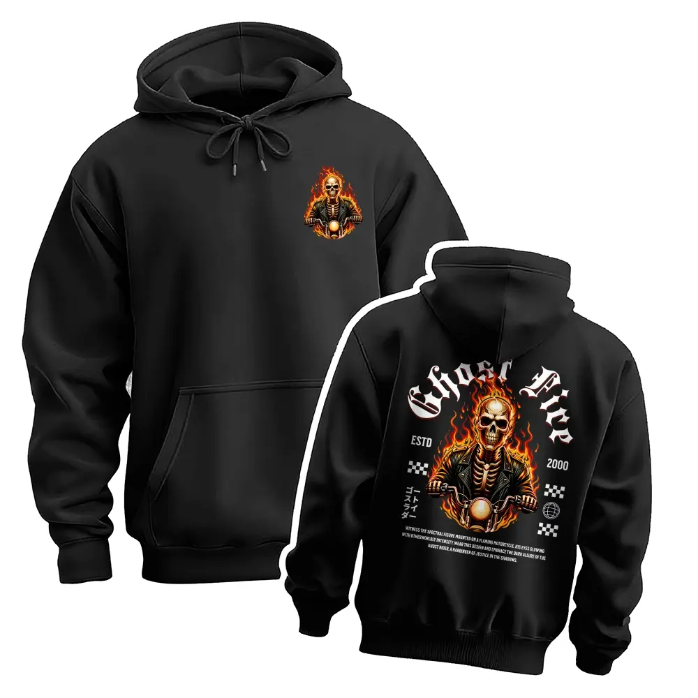 Men’s Flaming Skull Motorcycle Rider Graphic Print Oversized Hoodie Sweatshirt, Retro Biker Style Long Sleeve Pullover Hooded Top, Loose Fit Vintage Streetwear Hoodie for Daily Wear, Travel, Outdoor Activities and Fall Winter Fashion