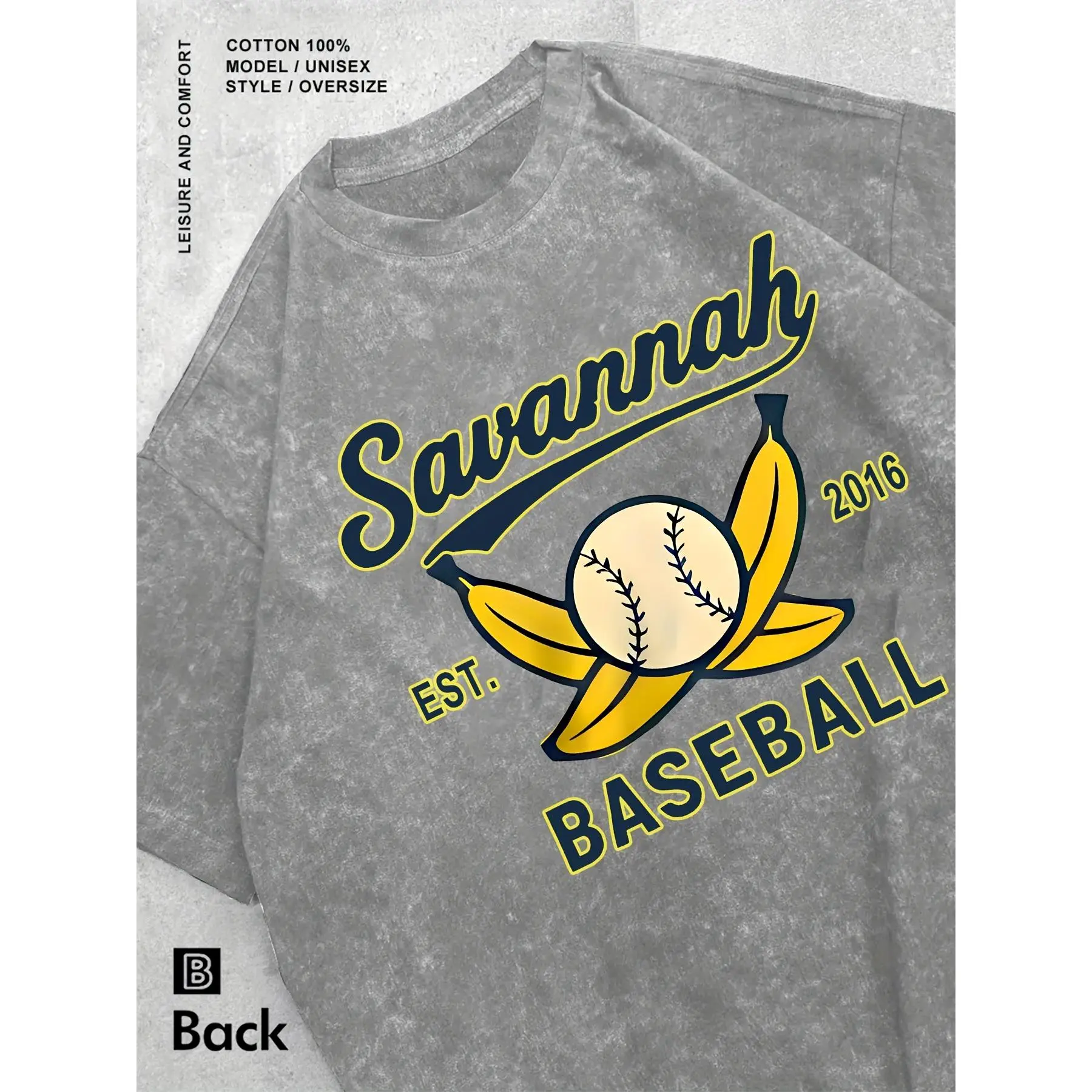 Menswear 230G Washed Cotton Round Neck Shortsleeve T-Shirt - Summer Savannah Vintage Baseball Team Pattern, "Savannah Founded 2016" Print, Baseball & Banana Designs, Regular Fit, Machine Washable, Men's Tops, Stretch, Tshirt, Fabric, Baseball Theme