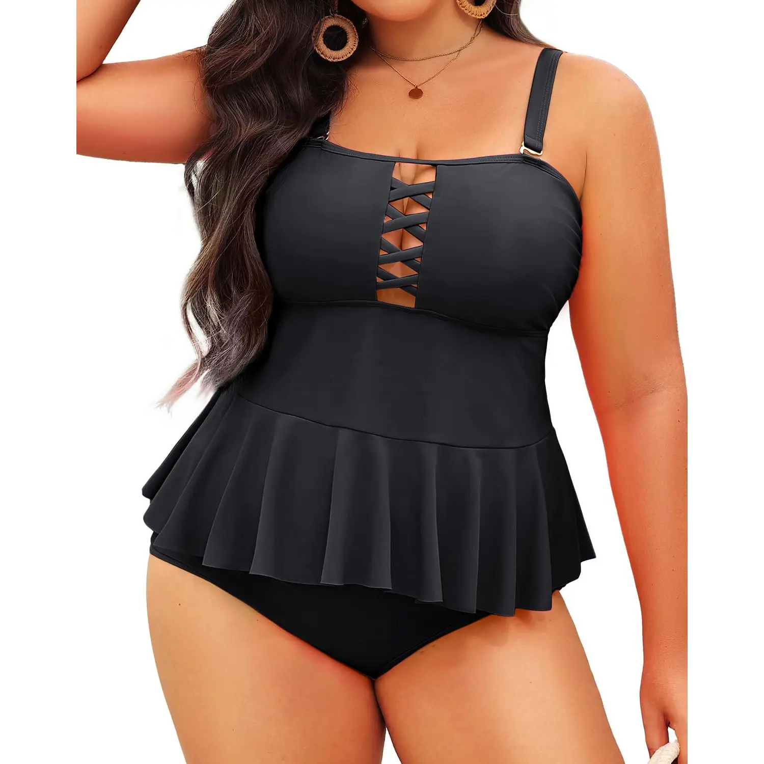 Yonique Plus Size Swimsuits for Women Tummy Control Two Piece Bathing Suits Peplum Tankini Tops High Waisted Swimwear