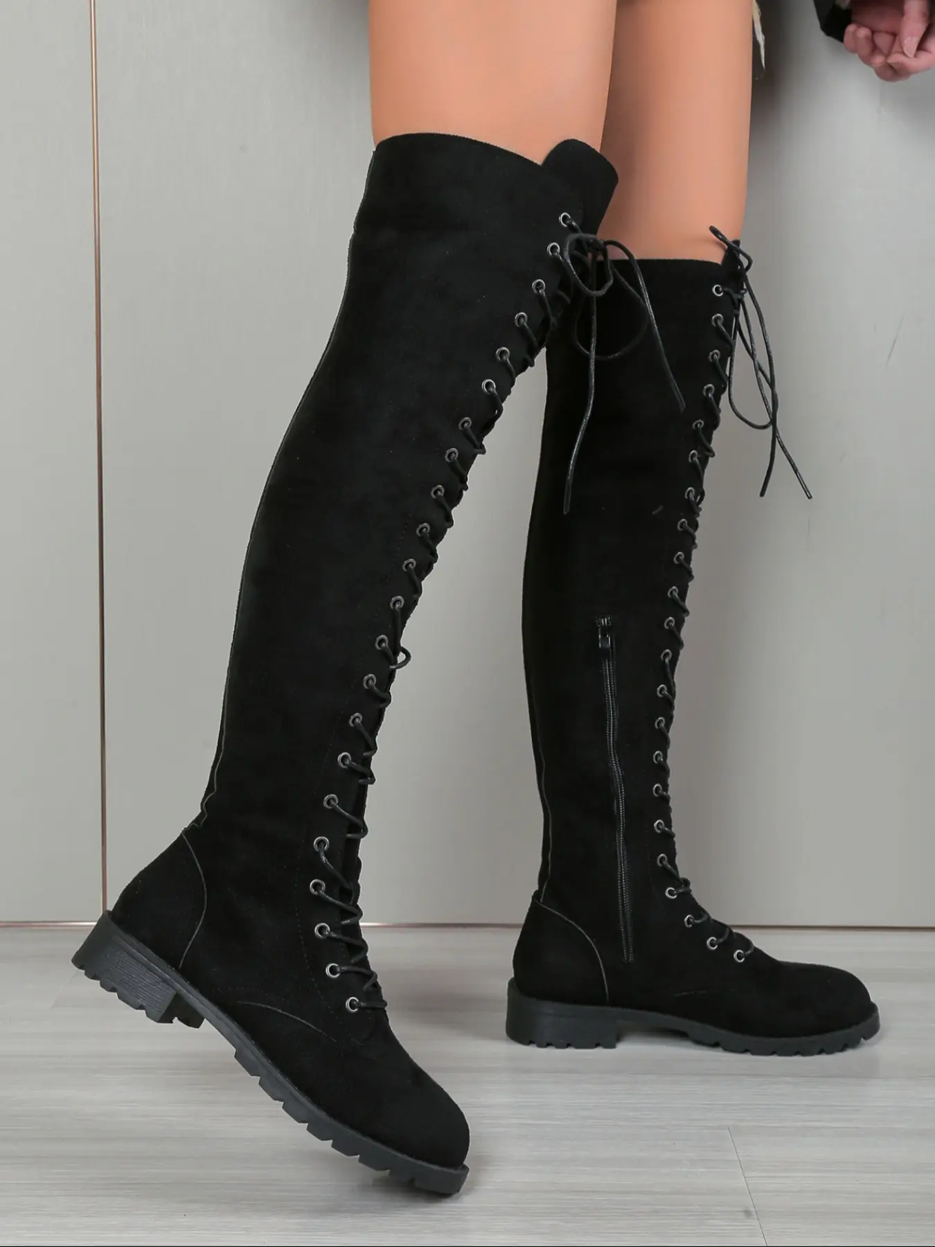 Women's over Knee Boots Thick Sole Round Toe Side Zipper Adjustable Elastic Lace Up Vintage Style High Heel Boots for Women