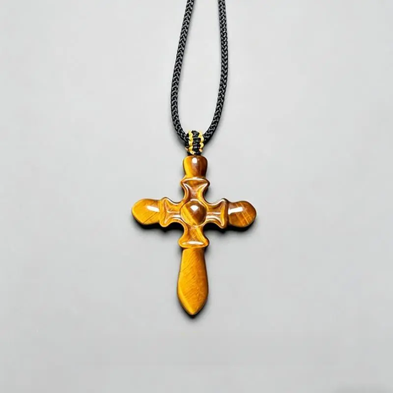【Buy 1 Get 1 Free】Men's Cross Necklace with Natural Tiger's Eye Pendant, Religious Style Unisex Jewelry, One Surprise Gift Included