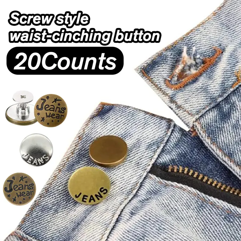 20 Counts Jeans Buttons Replacement, No Sew Adjustable Metal Buttons, Fashion Decor,Random Color Screw Style