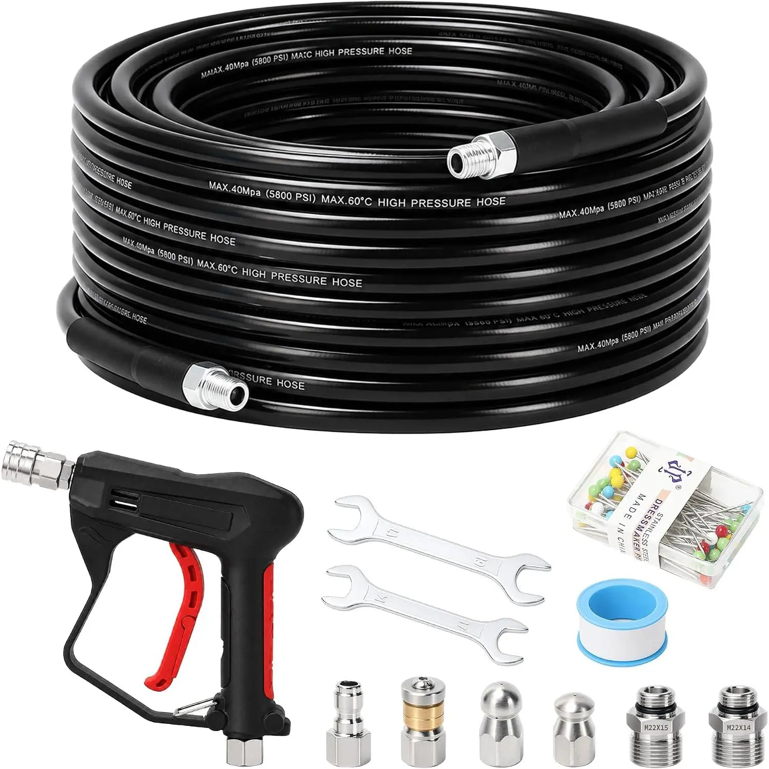 Sewer Jetter Kit for Pressure Washer 50 FT, Drain Hose with Short Gun, 1/4" NPT, Rotating, Button Nose & Corner Nozzles, High Pressure Pipe Cleaner for Sewer and Drain