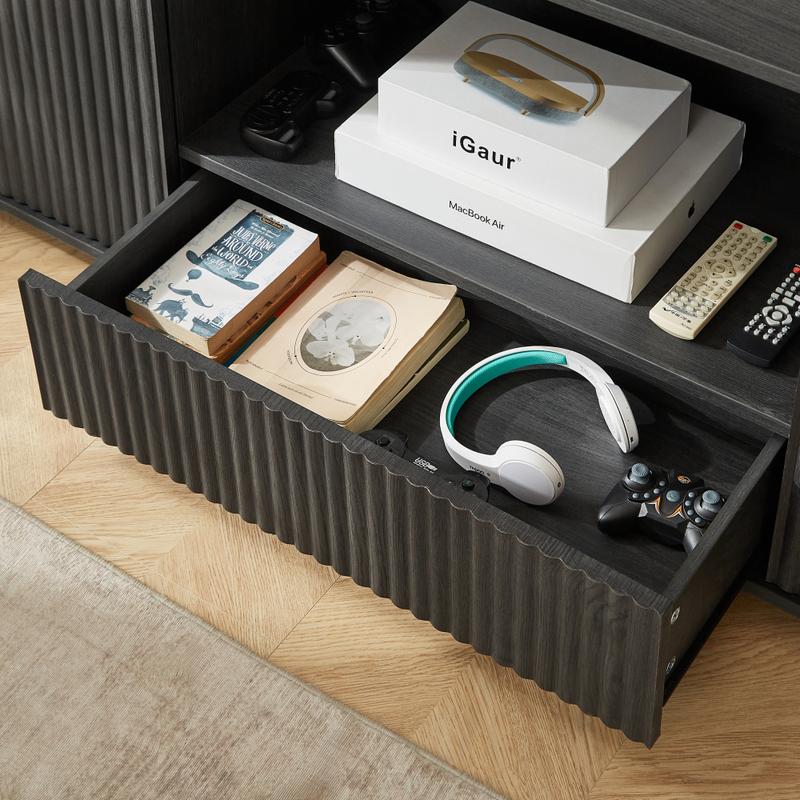 64-Inch Wavy TV Cabinet, Round Sideboard, Wooden Vertical Stripe Storage Cabinet, Aluminum Door Framed Tempered Glass Cabinet for Living Room/Bedroom/Entryway. Black