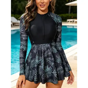 Women Long Sleeve Zip Front Swim Dress One Piece Swimsuit, Tropical Palm Leaf Spliced Print UPF Sun Protection Skirted Rash Guard Slimming Tummy Control Full Coverage Conservative Swimwear for Surfing, Swimming, Beach & Resort Holiday SummerVibes