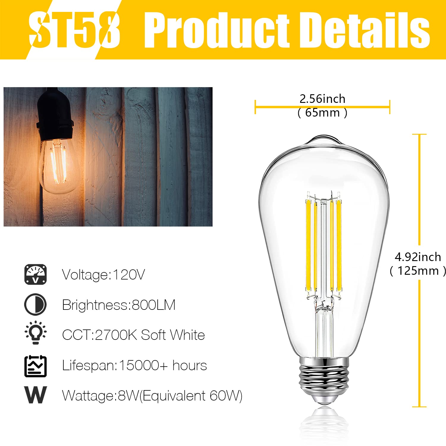 DAYBETTER LED Edison Bulbs ST58 Antique Filament 8W 800LM Dimmable Warm White 2700K E26 Base Clear Glass for Home Decor