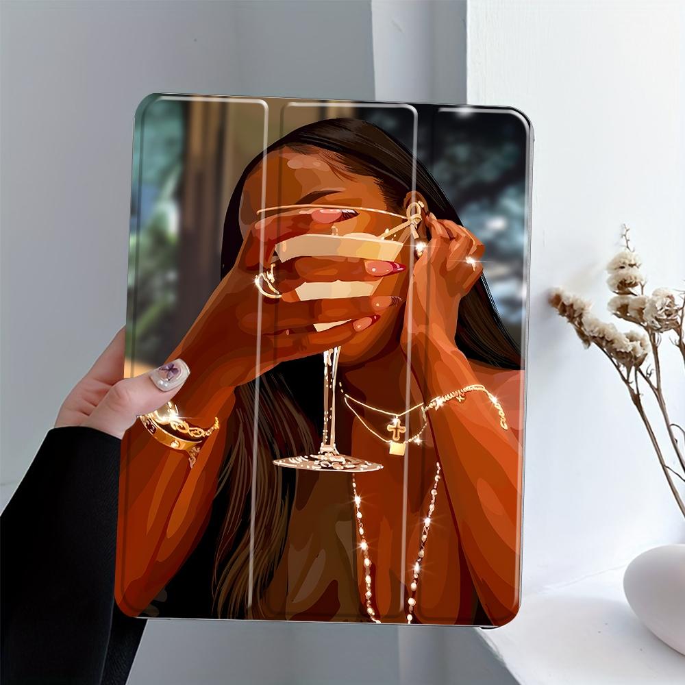 Glamorous Cocktail Lady Design Three-tiered stand iPad case, Transparent Acrylic Hard Back Panel With Pencil Slot, Suitable for All models ipad.Scratch-resistant Ultra-thin Protective Case, Shock-resistant Full Cover for Offices Schools Home Tablet Casing