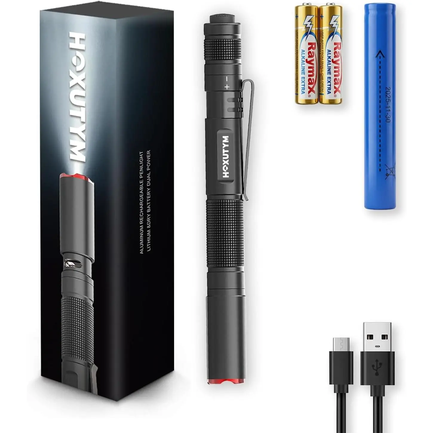 Rechargeable Pen Light with Pocket Clip, Dual Power Flashlight, USB-C Charging or AAA Backup, Twist Focus, Ideal for Inspection, Work & Everyday Use