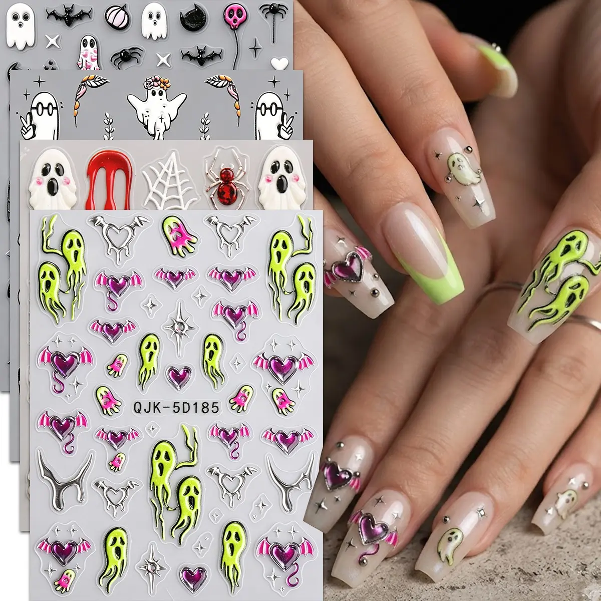 4 Sheets 5D Embossed Halloween Fluorescent Blood Drop Spider Web Nail Art Stickers, Gothic Devil Style, Fall Party Gift, Artist Supplies