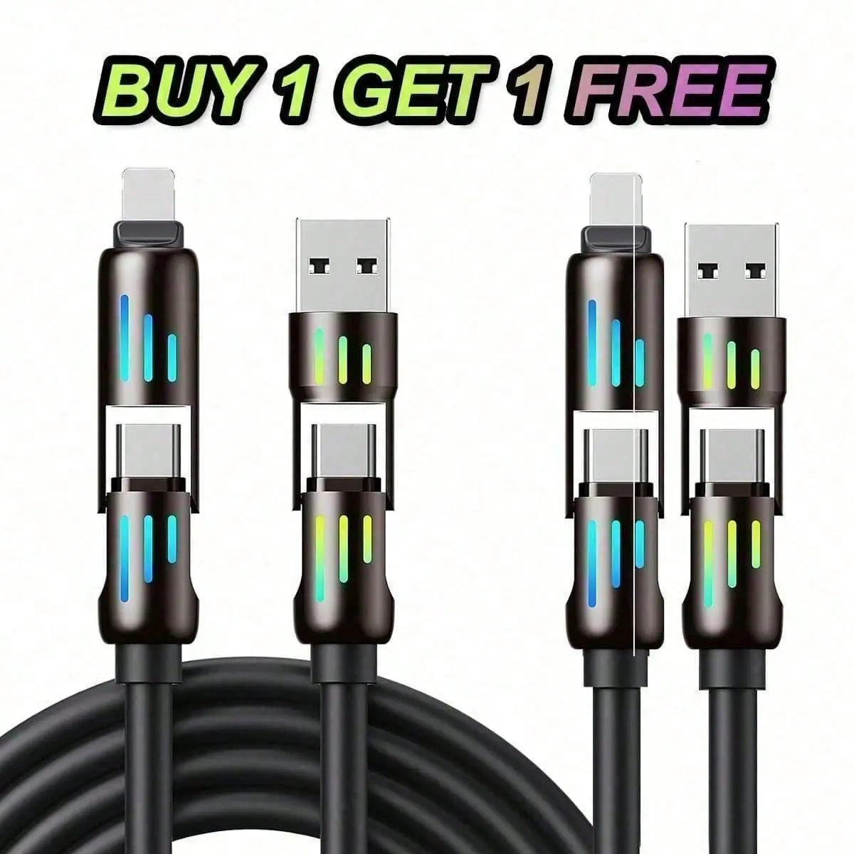 Buy 1 Get 1 Free, 4-in-1 240w Fast Charging Solution with LED Flowing Light – USB with Micro USB, Type-C & Phone Connectors –Fast Charging Charger for Android & IOS Devices