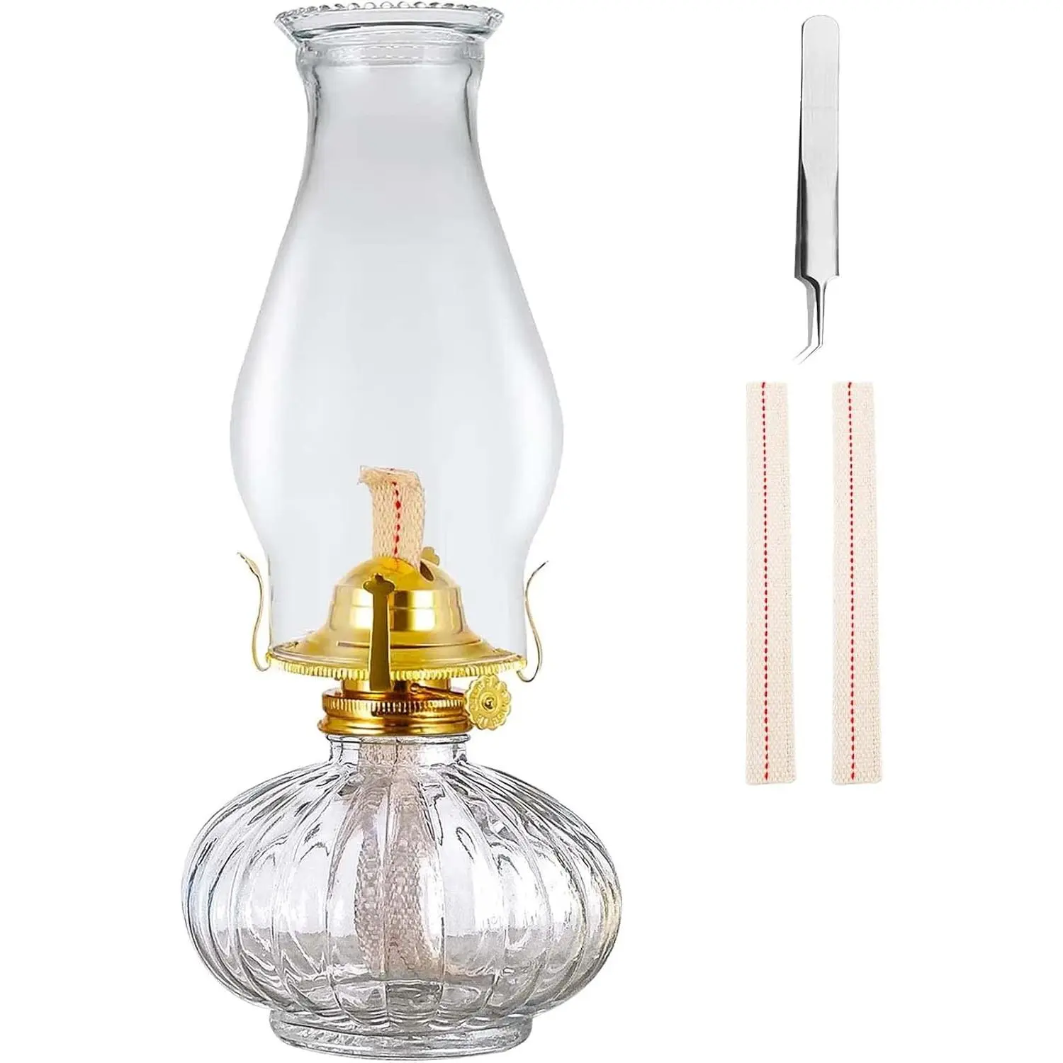 Large Rustic Glass Oil Lamp - Indoor Home Decor Kerosene Hurricane Lantern for Emergency Lighting, Equipped with 2 Wicks and 1 Tweezers