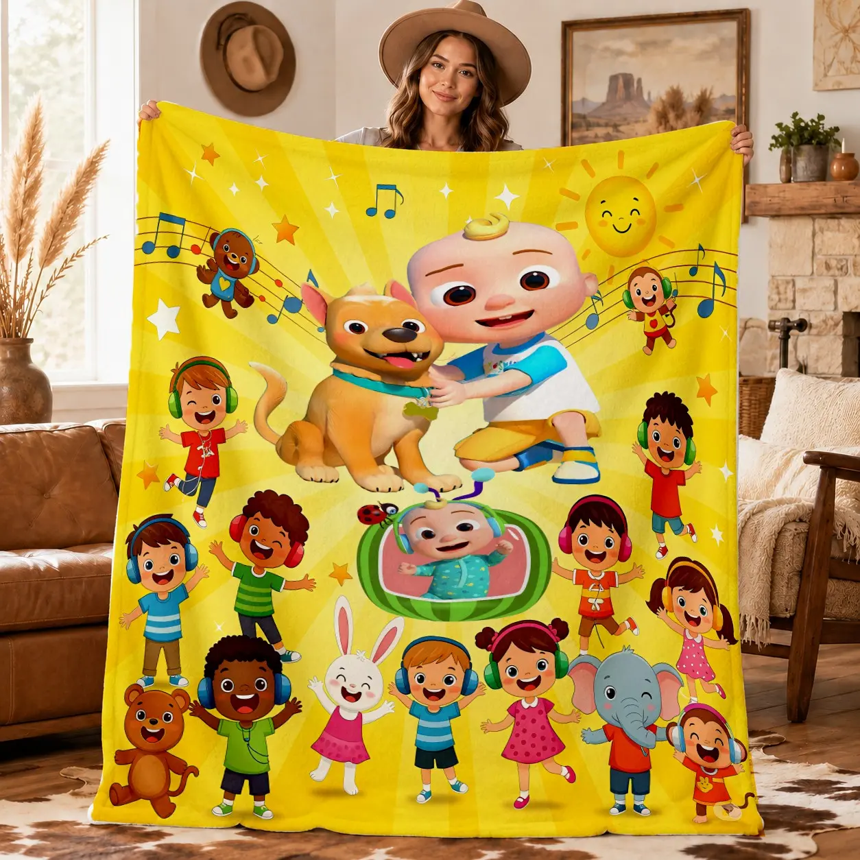 Cocomelon Jj Kids Cartoon Collage Throw Blanket, Sun Musical Note, Flannel Blanket for Toddlers, Nursery Rhymes Sofa Decor Gift