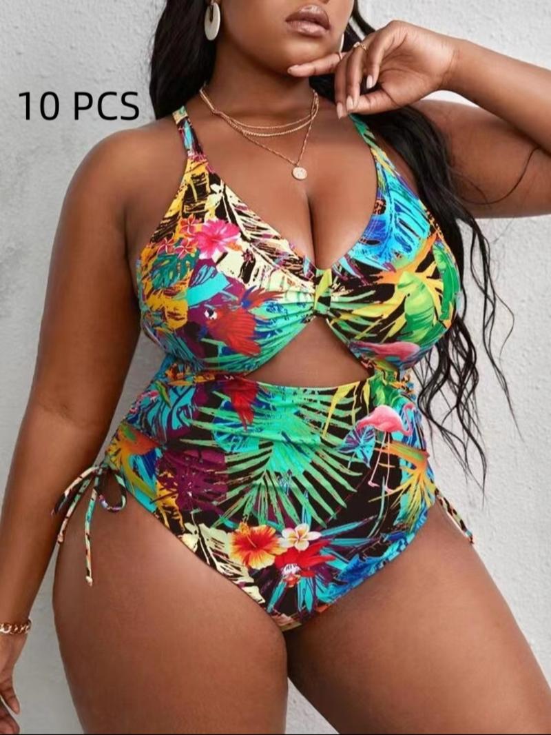 Plus Size Tropical Print Criss Cross Cut Out One-piece Swimsuit, Boho Tie Side Sleeveless Swimwear For Beach Holiday Vacation, Women's Plus Size Swimsuit For Summer, Casual Swimsuit