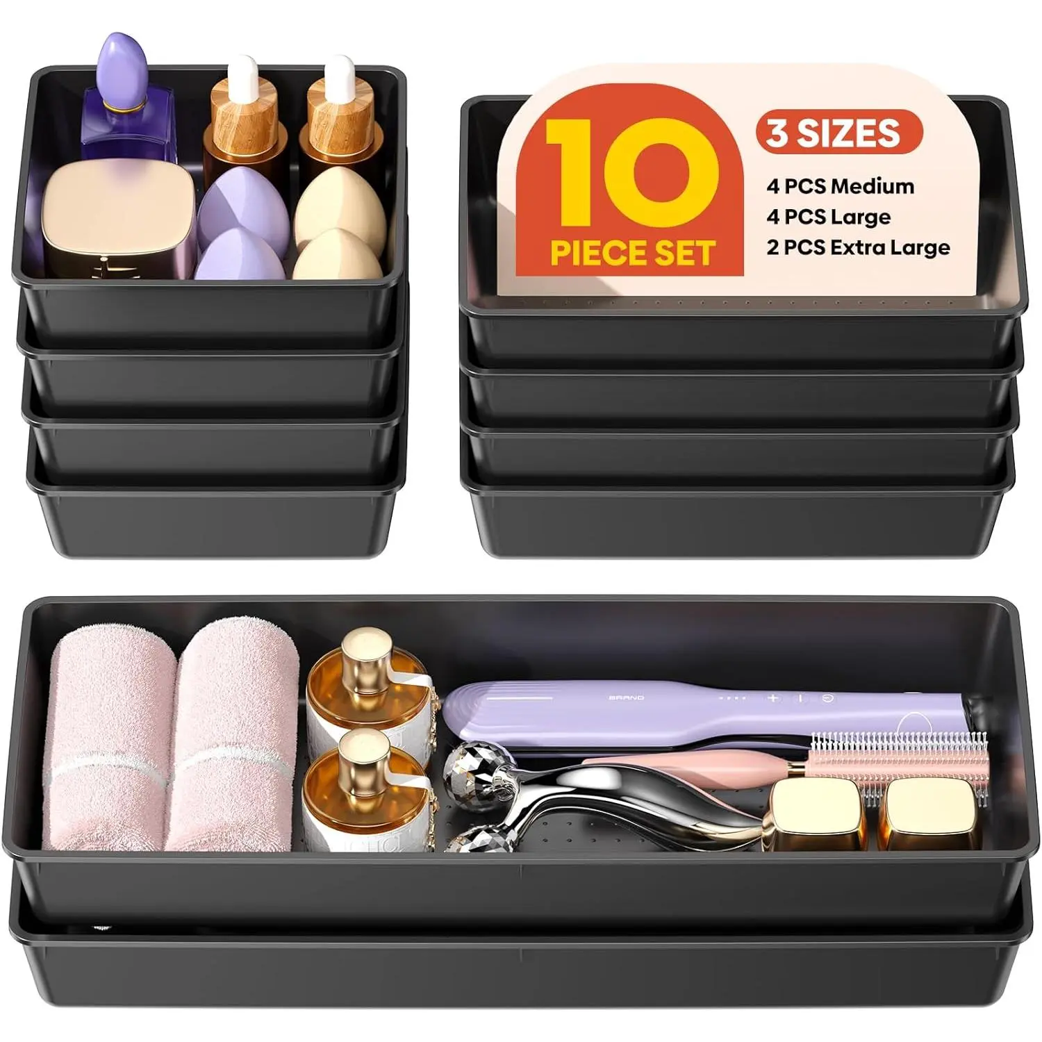 10 Pack Large Size Plastic Drawer Organizers Set, 3 Sizes Desk Drawer Organizer Trays, Storage Bins for , Makeup, Bathroom, Kitchen Utensils and Office (Black)
