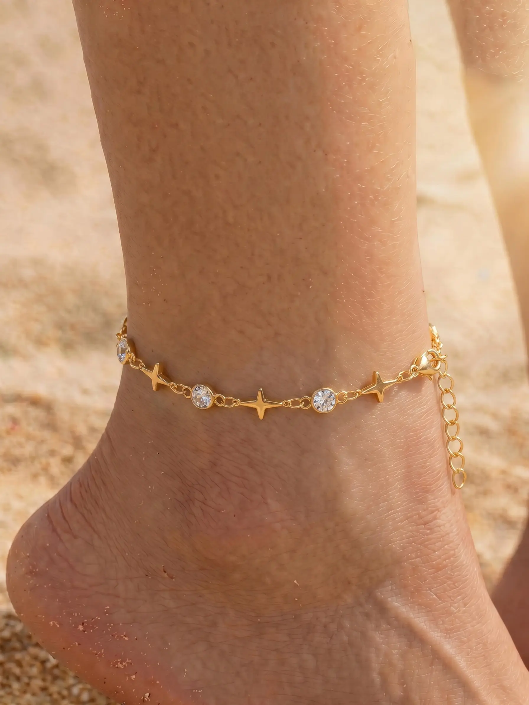 No Fade Star Crystal Anklet, Adjustable Size, Anti-Allergy, Sparkling Cz, Party Style, All Seasons, Ocean Pool Vacation Accessory