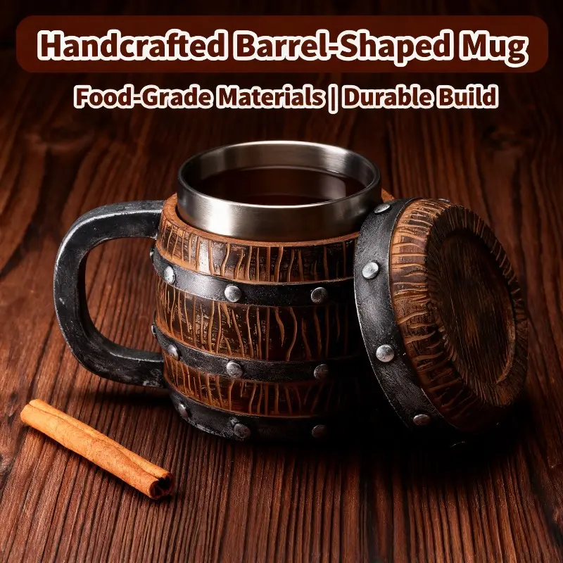 Stainless steel liner wooden barrel shape with lid mug, oak texture rivet decorative beer mug, cup ornament