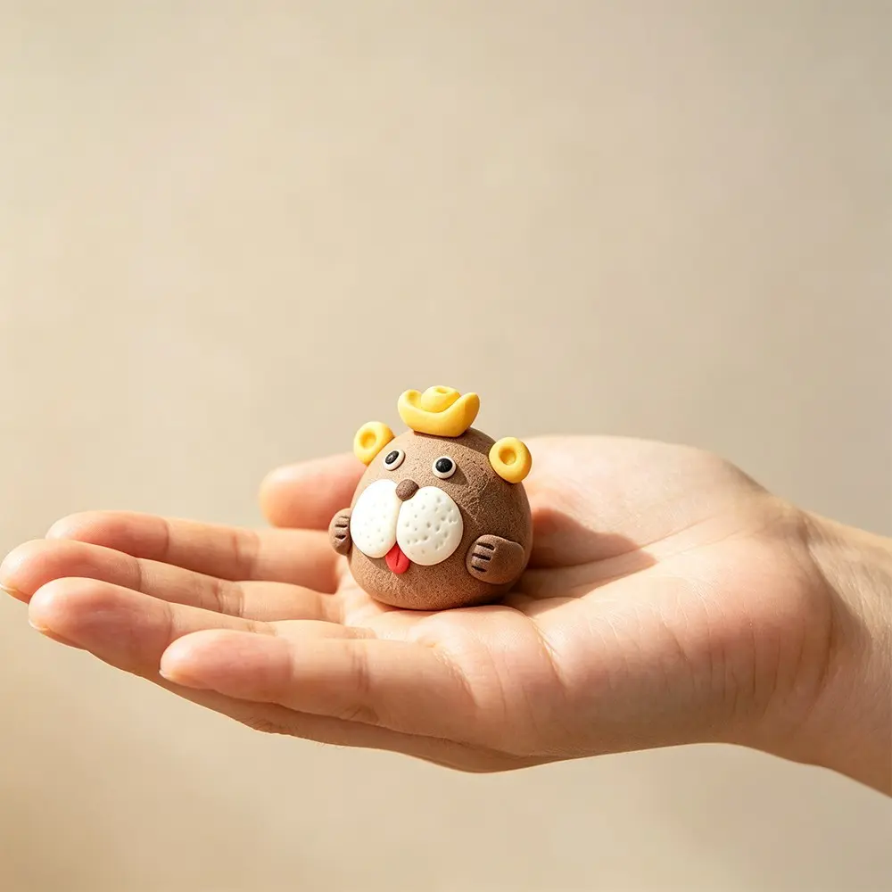 Handmade Ceramic Groundhog Ornament with Ingot, Cute Tongue Out Hamster Mini Figurine, Kawaii Desk Decor, Small Animal Tabletop Statue for Car Home Office, Lucky Fortune Decor Gift, Ins Style Tiny Pottery Home Decoration Accessories