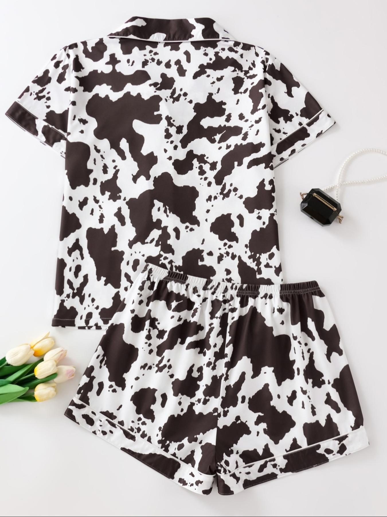 Women's Cow Print Notched Neck Crop Shirt & Shorts Pajama Two-piece Set, Elegant Comfy Short Sleeve Top & Shorts PJ Set, Ladies Sleepwear for All Seasons, Casual Sleepwear Set