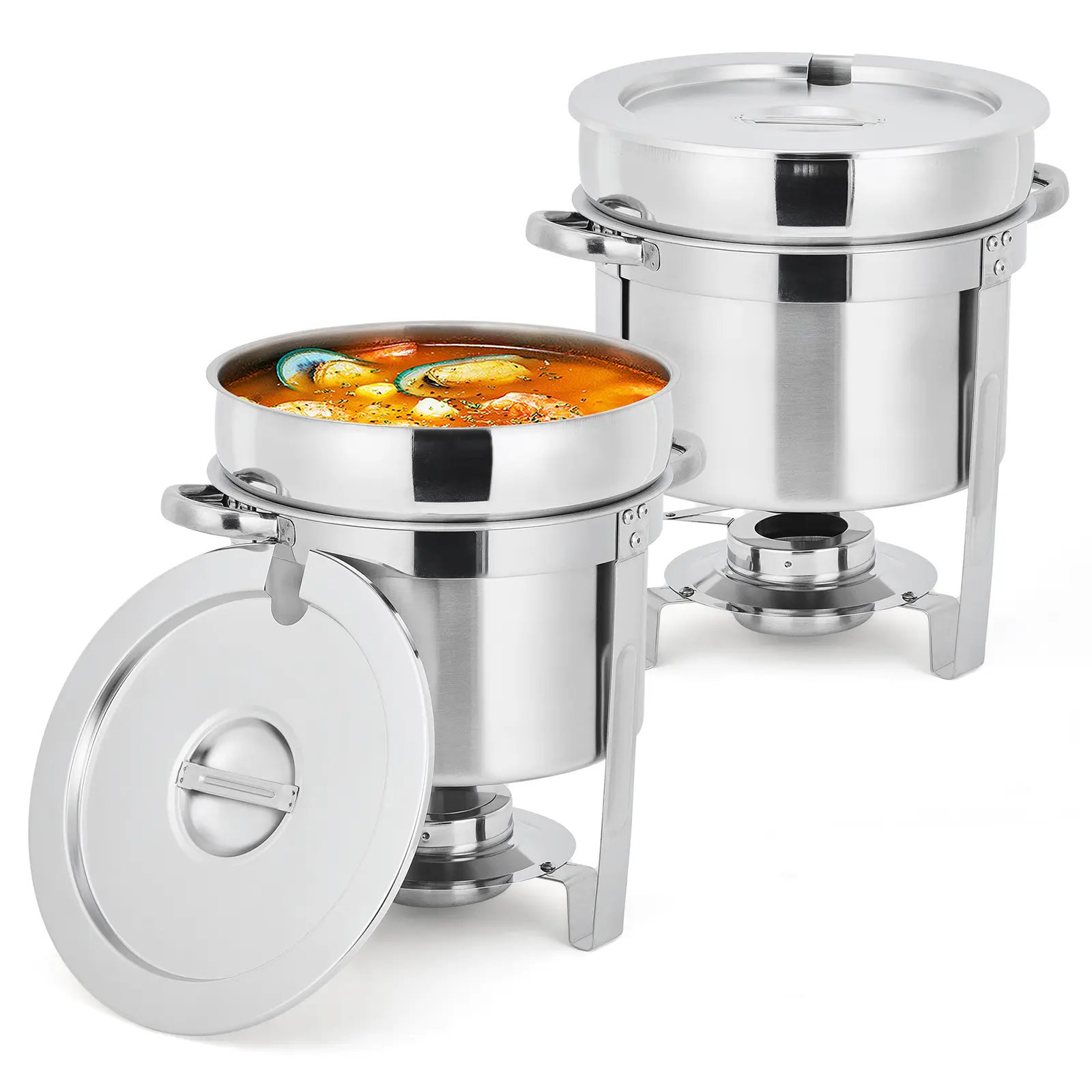 7QT Commercial Chafing Dish Set, Stainless Steel Food Warmer for Buffet Catering, Round Soup Chafer with Fuel Holder, Notched Lid & Stand, Heavy Duty Restaurant Quality for Wedding Party Holiday Gathering, 2/4 Pack Options