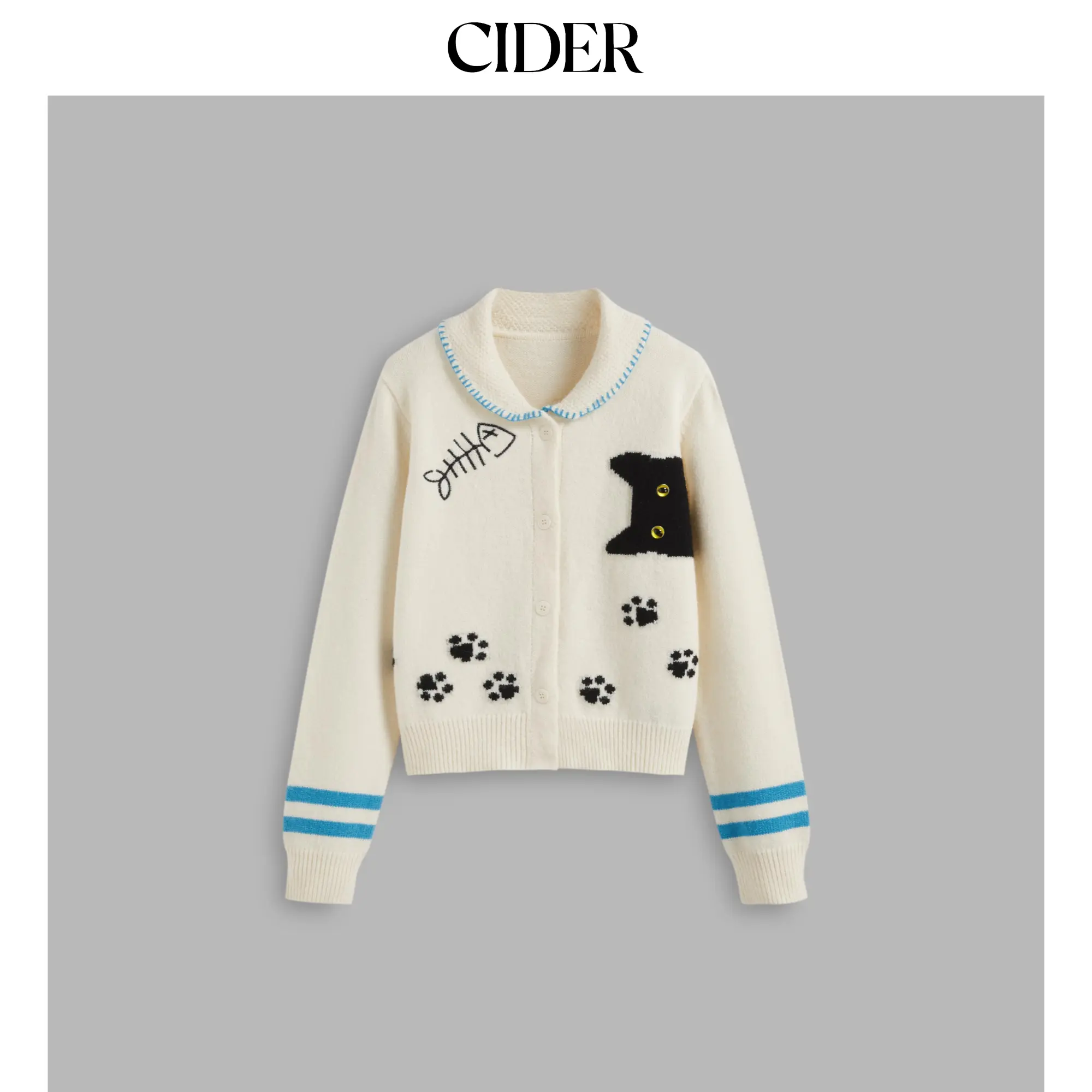 Cider [2 colors, size 2-10] Knit Collar Cat Button Cardigan