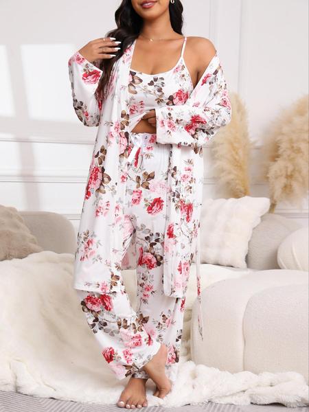 Plus Size 3-Piece Set Floral Print Belted Lounge Robe & Cami Top & Elastic Waist Pants Pyjama Set, Elegant Comfy Women's Sleepwear for Spring & Fall