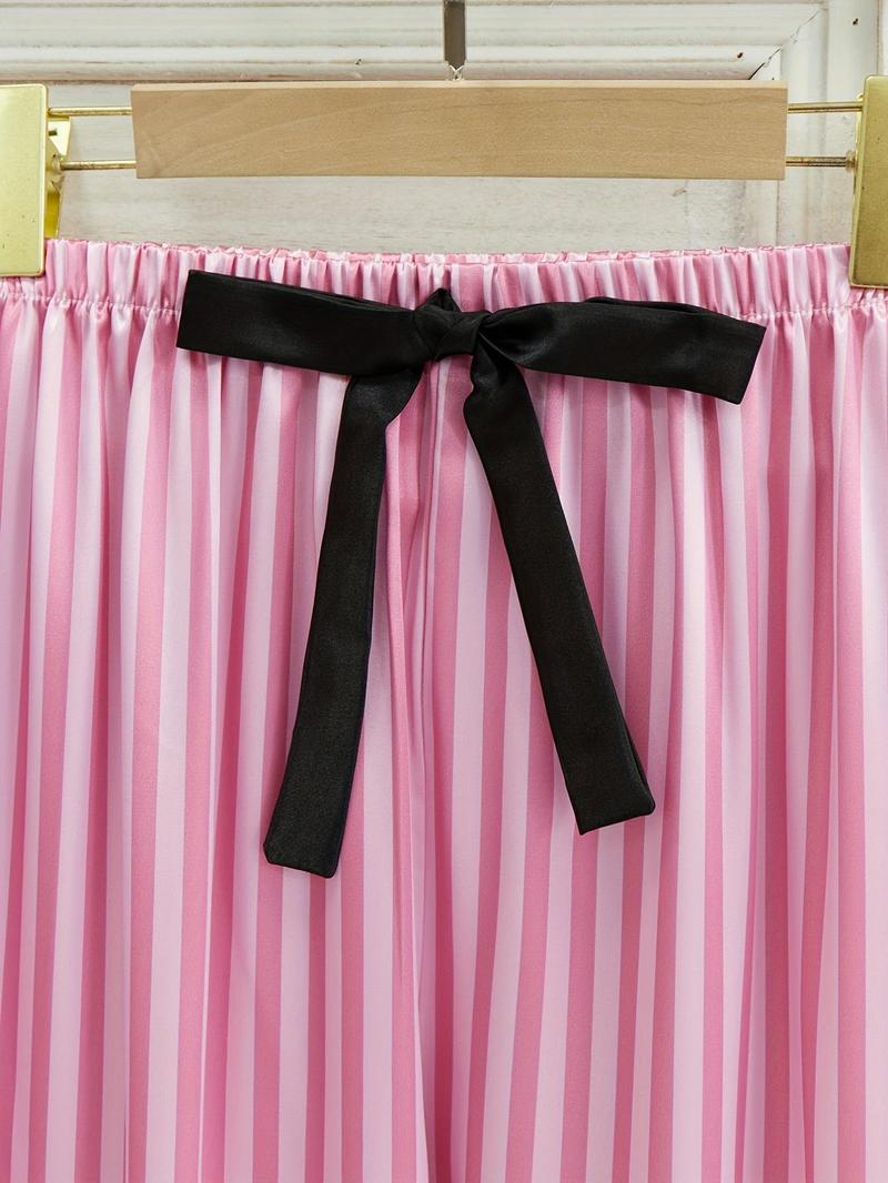 Women's Striped Pocket Lapel Neck Pyjama Set, Comfy Button Down Long Sleeve Shirt & Tie Front Pants Lounge Set, Pajama Sets Women, Pj Sets for Women, Sleepwear for Spring & Fall, Gifts Set for Mum