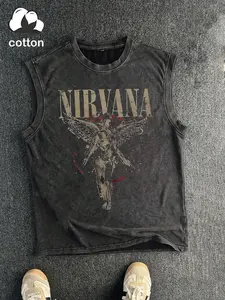 Men's Vintage Washed Nirvana Angel Rock Band Print Sleeveless Cotton Tank, Streetwear Crew Neck Cutoff Muscle Vest, Retro 90s Grunge Punk Band Aesthetic & Soft 100% Cotton Fabric, All-Match Daily Streetwear Music Fan Sleeveless Top for Men