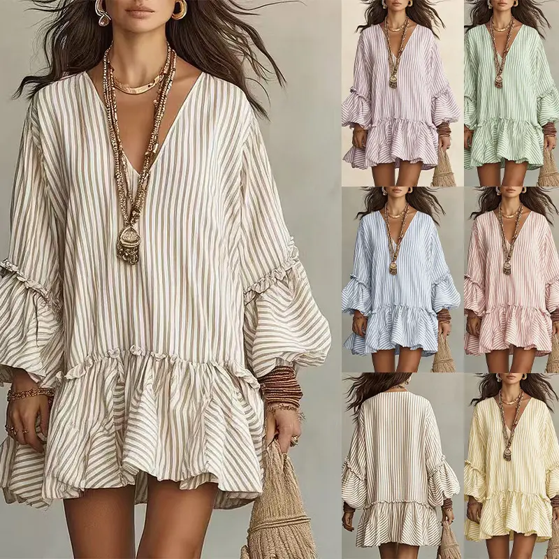 Women's Casual Long-Sleeve Boho Splice Dress - V-Neck Cut, Lantern Sleeves, Loose-Fit Short Skirt, New Design, Boho Clothes For Women, V-Neck Front, Loose Cut, Women's Fashion