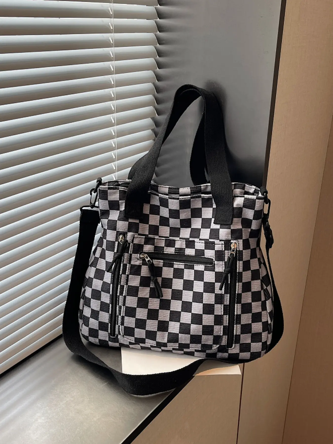Fashion Casual Large-capacity Checkered Tote Bag With Detachable Adjustable Crossbody Strap Multi-pocket Design Lightweight Practical Versatile Shoulder Handbag Suitable For Work School Daily Shopping And Short Trips Checkered Bags