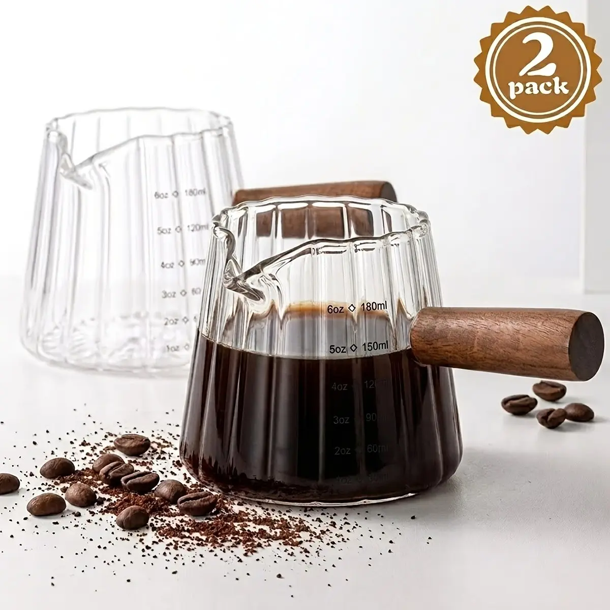 2 Pack Espresso Shot Glass with Wood Handle, 6oz/180ml Single Spouts Milk Frother Kitchen Measuring Cup with Clear Scale Heat Resistant for Coffee Milk Tea Syrup, Espresso Accessories