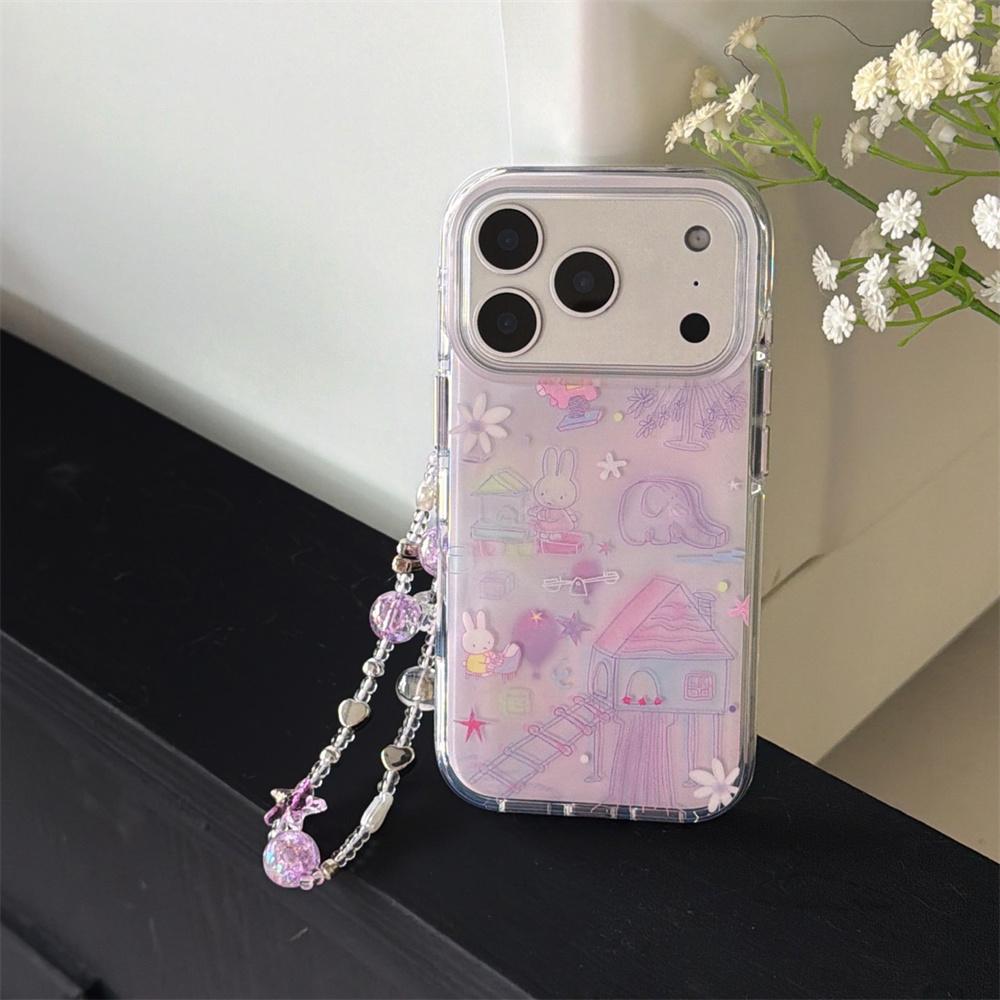 Cute Rabbit phone case With Chain For iPhone 17 16 Pro 13 14 15 Pro Max Korean INS fashion cartoon protective cover For 17 Pro
