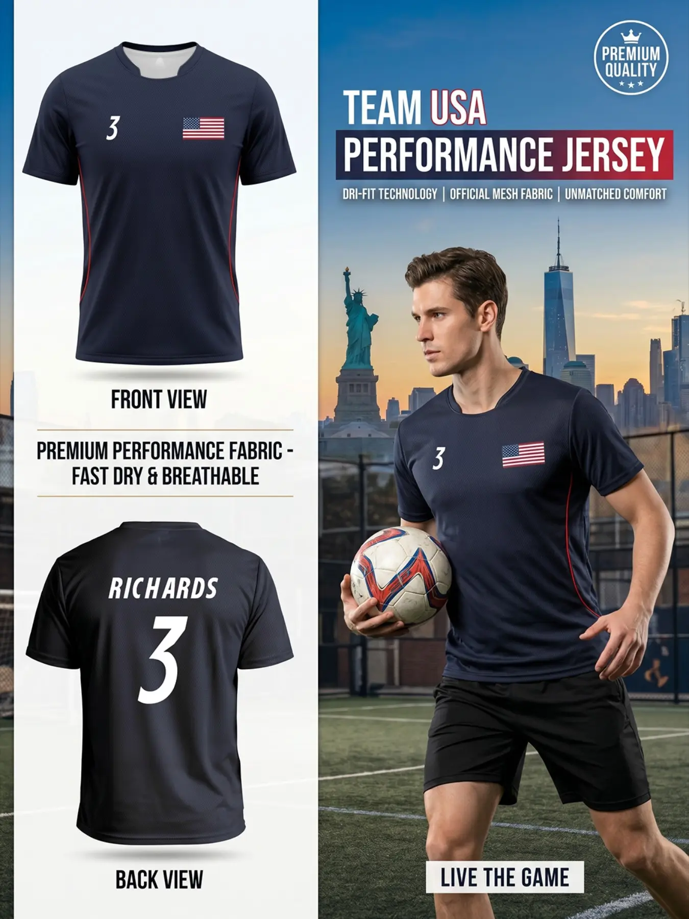 USA 2026 Men's Soccer Jersey, Navy Blue Soccer Shirt - Premium High-Performance Fabric Sportswear - USA Fan Apparel - Quick-Drying and Breathable T-Shirt, Jersey Shirts