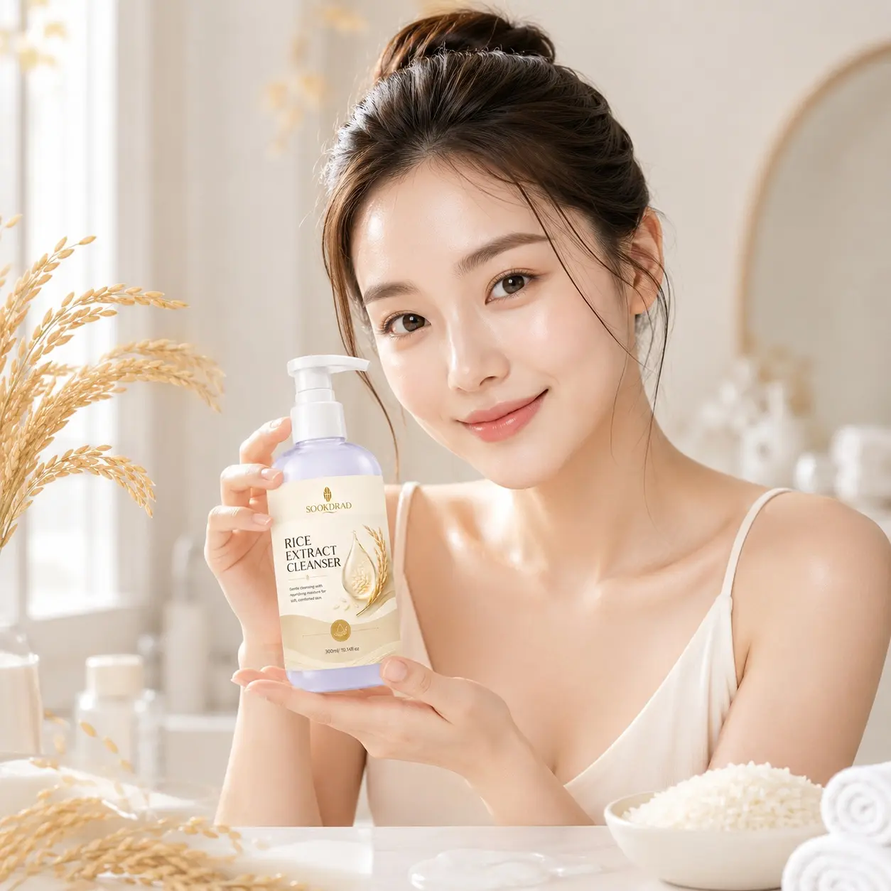 Rice Extract Cleanser, with rice extract, gentle cleansing, nourishing moisture, suitable for soft comforted skin, facial use, daily skincare, 300ml/10.14fl oz