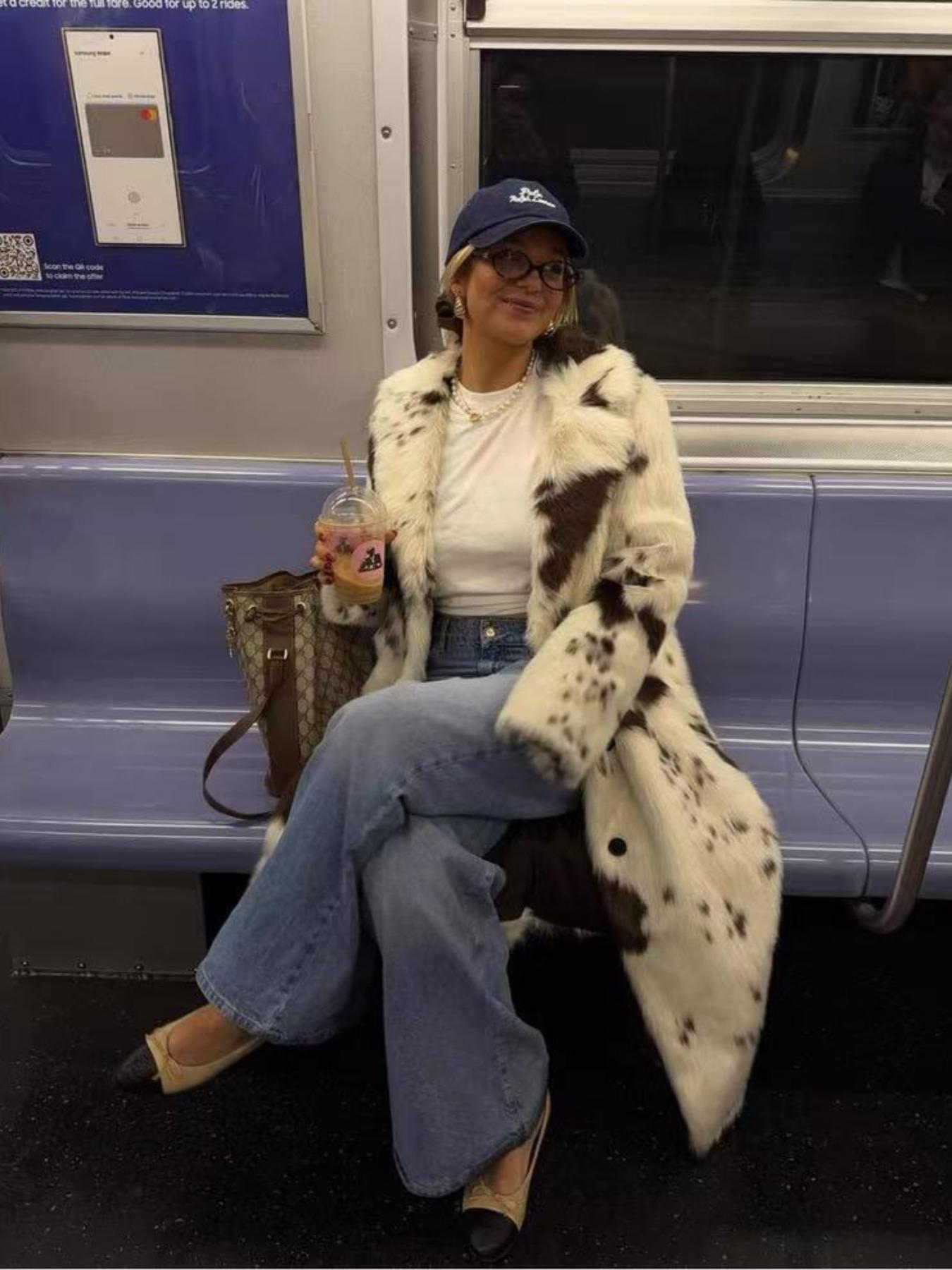 Women's Cow Print Faux Fur Coat, Thick Warm Loose Long Jacket for Fall & Winter, Eco-Friendly Imitation Leather Outerwear