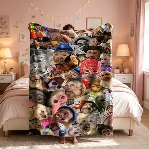 Monkey Printed Plush Flannel Blanket Cute Cartoon Animal Face Soft Cozy Lightweight AC Throw Blanket for Kids and Adults Sofa Bed Bedroom Living Room Office Travel Camping Movie Night Home Decor Gift Birthday Christmas Animal Lover Blanket