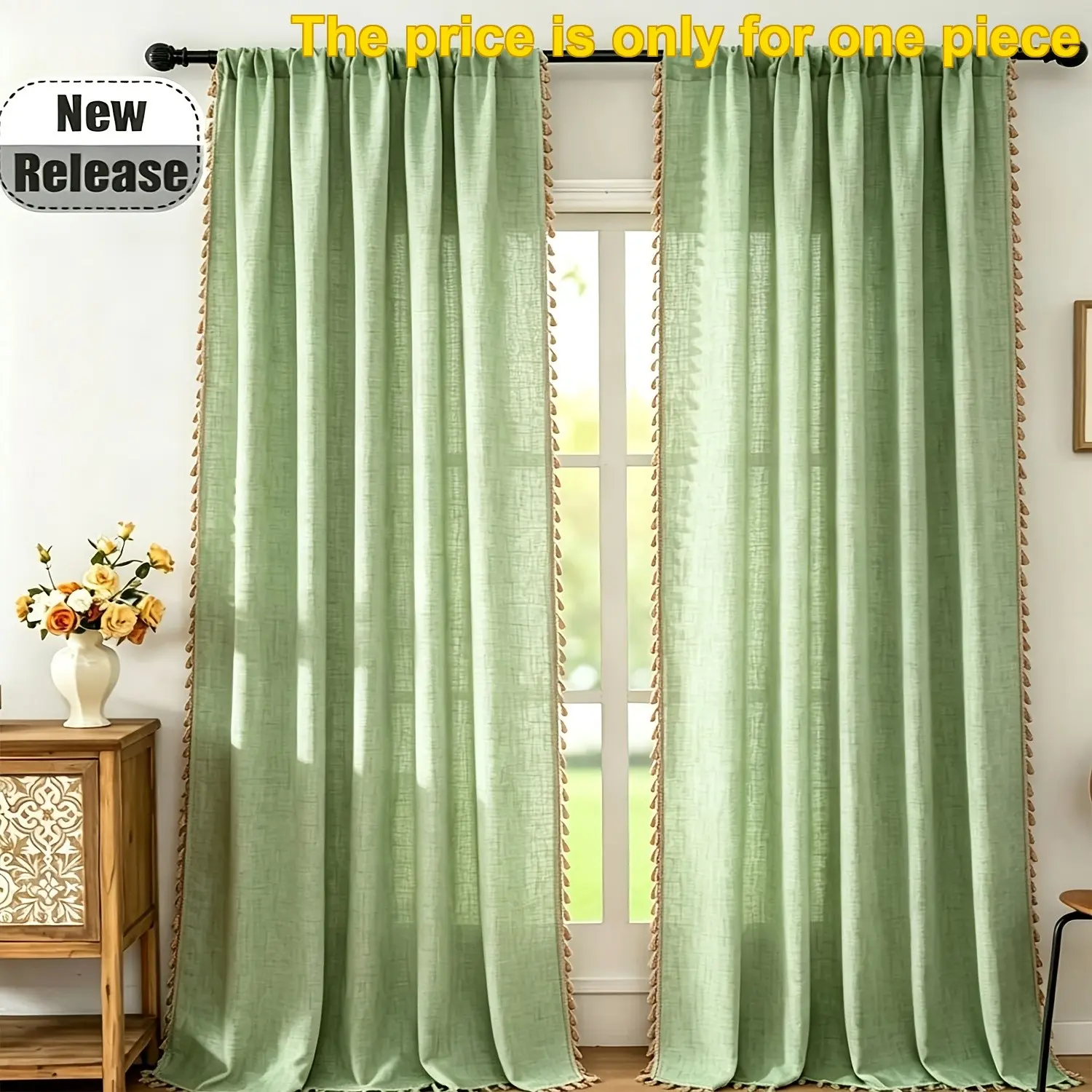 1PC Boho Style Linen Sheer Curtain, Rod Pocket Design, Ideal for Living Room, Bedroom, Balcony, Rural Home Decor