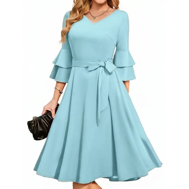 French-Style Vintage V-Neck Flared Sleeve Waist-Cinching Flared Hem Dress, Mid-Length Evening/Date Dress, Suitable for All Seasons