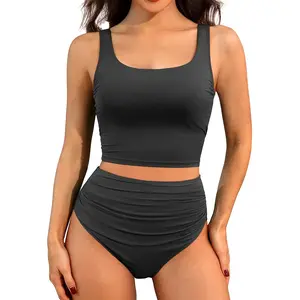 Tempt Me Women Two Piece Tankini Swimsuits - Crop Swim Top with High Waisted Bottom Tummy Control Bathing Suits Swimwear