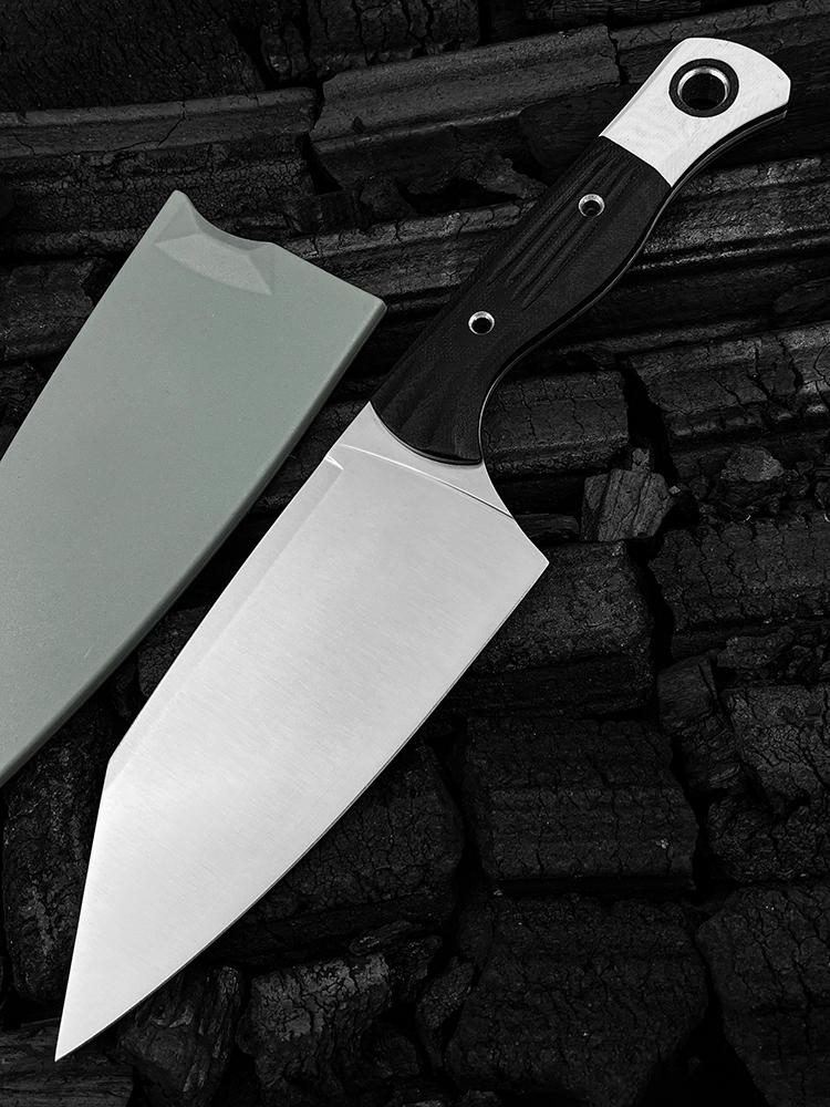 4010 Station Knife Kitchen Knife Fixed Blade  5.9" CPM-154 Stainless Steel Clip Point Blade, OD Black G10 Handles with White G10 Bolsters, Plastic Sheath Hiking Camping kitchen knife, slicing knife