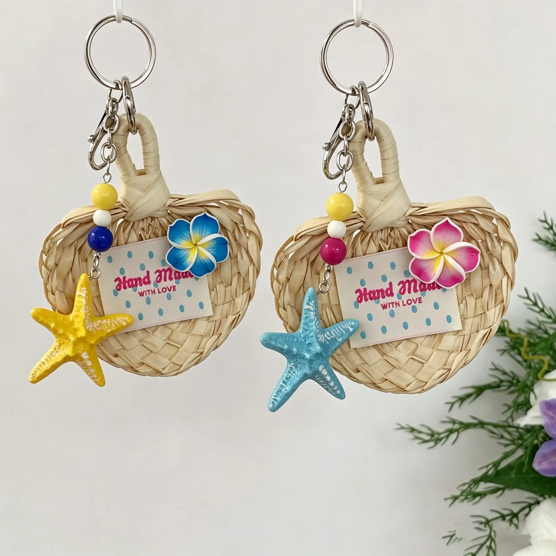 Island Girl Beach Hawaiian Vacation Style Frangipani Starfish Palm Leaf Fan Pendant/Flower Fan Keychain