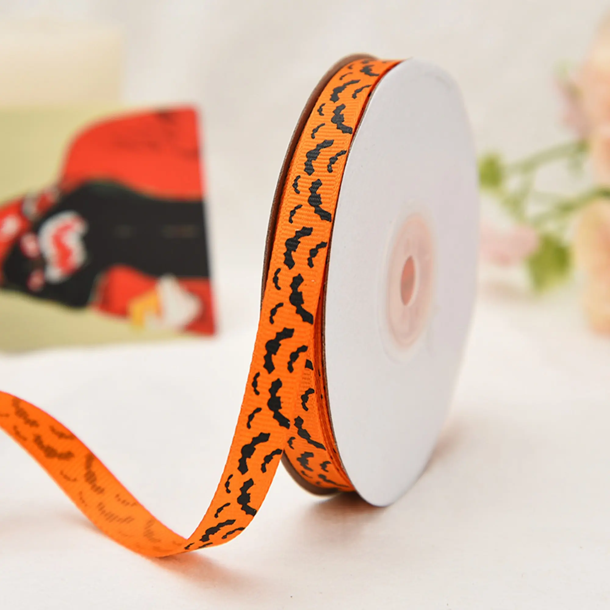 3Rolls 1cm*2200cm Halloween Ribbon 7 Designs Pumpkin Bat Ghost Spider Web Printed Grosgrain Ribbon for Gift Wrapping DIY Craft Party Decor
